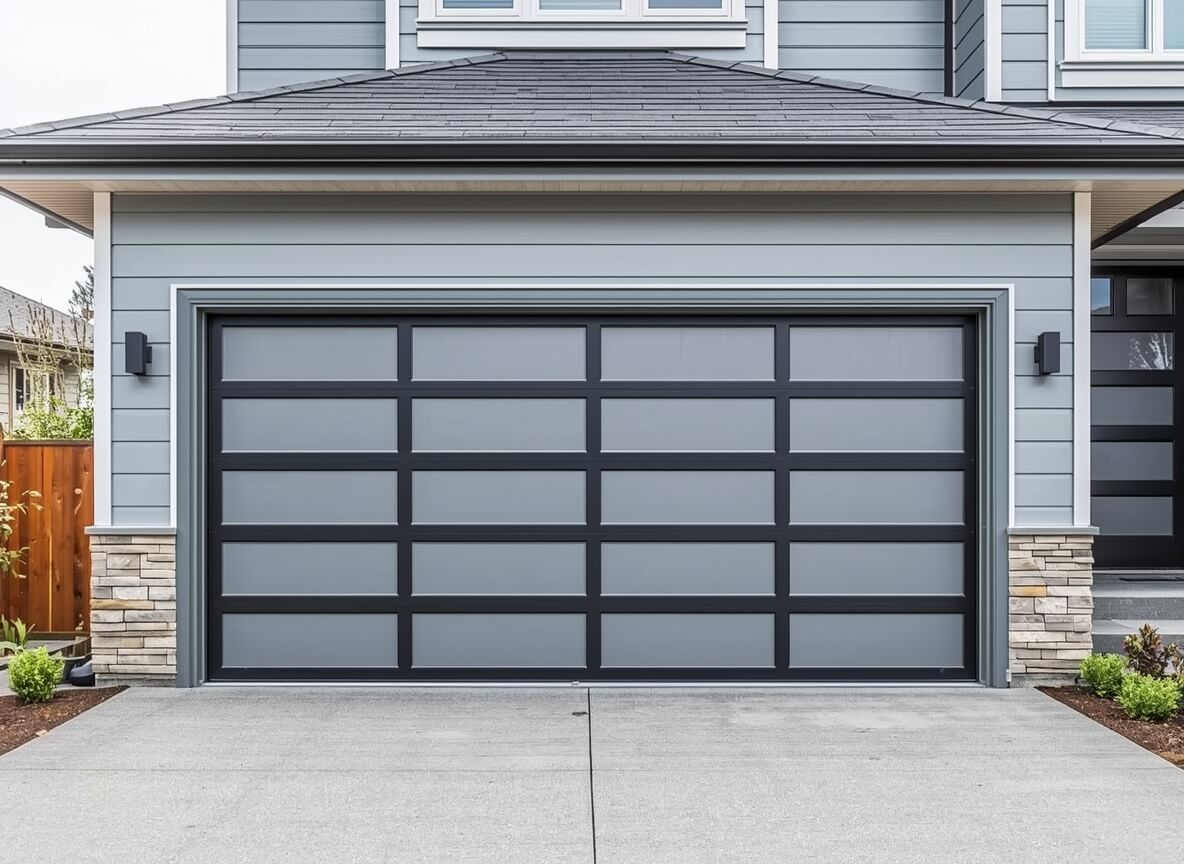 Modern Steel Door Installation by Rapid Garage Door — Contemporary dark steel door with windows and insulated panels in Columbus, OH