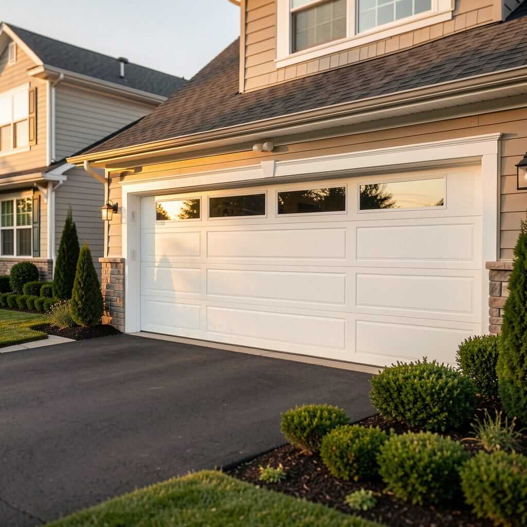 Residential Door Installation by Rapid Garage Door — Clean white garage door installation on suburban home in Cleveland, OH